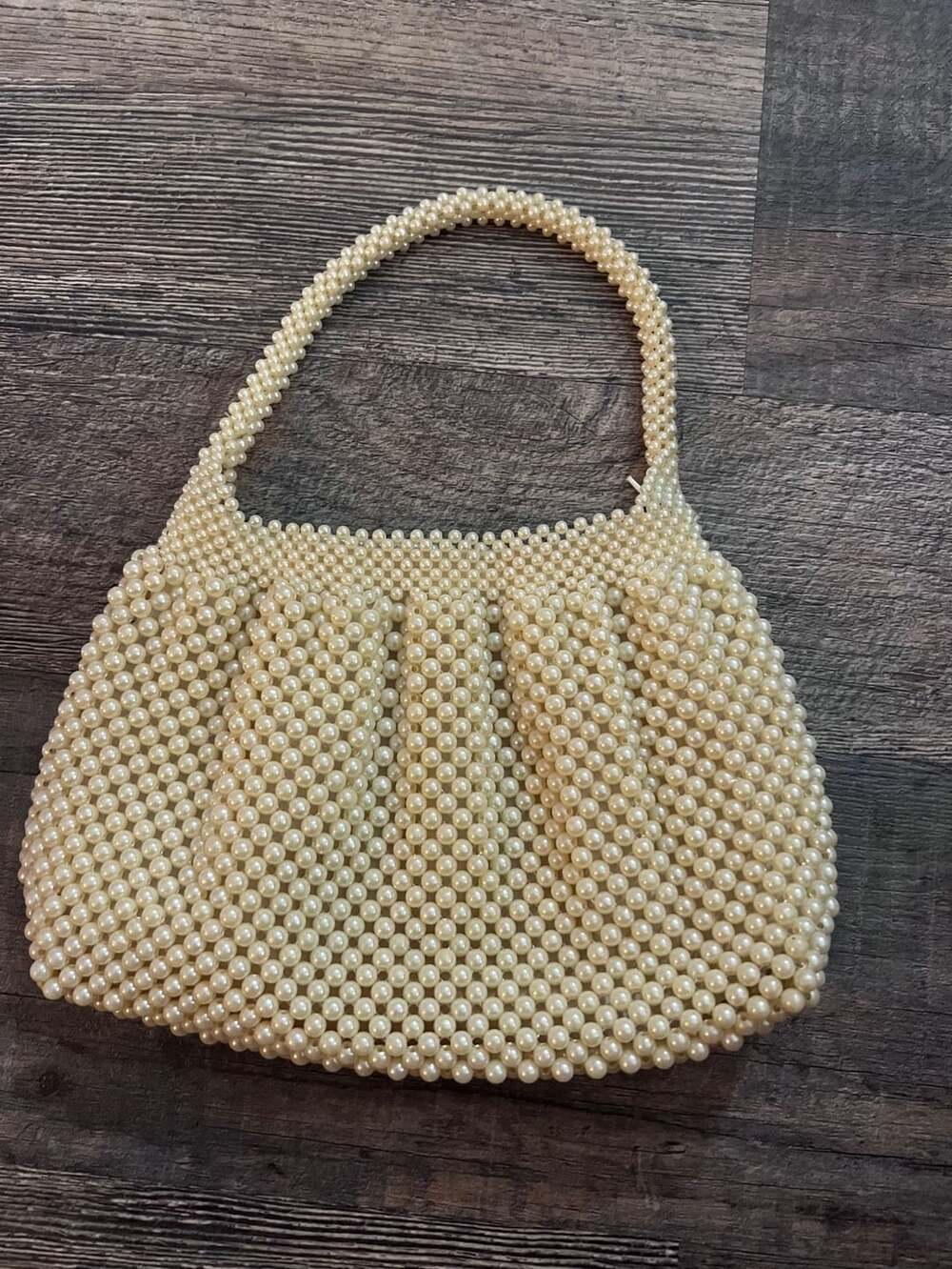Vintage 1950s Faux Pearl Beaded Handbag Cream Evening Purse